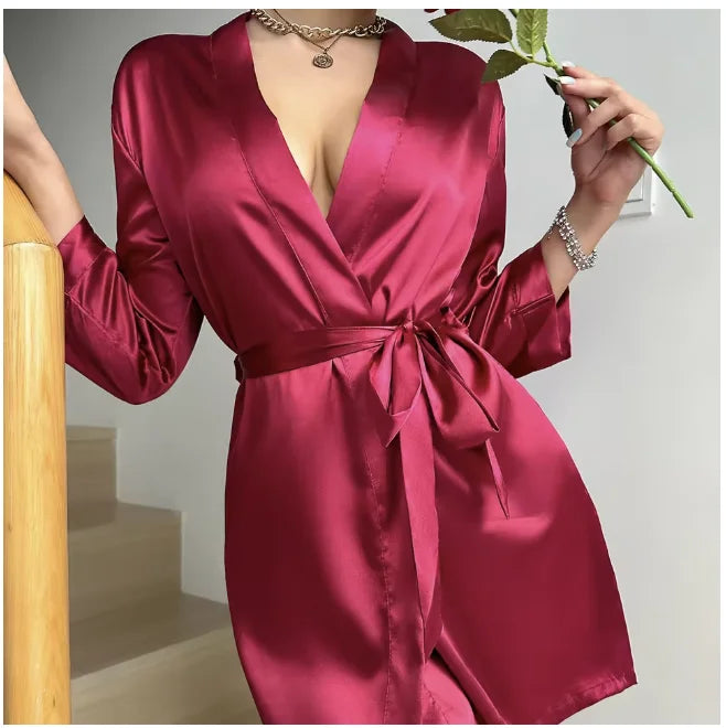 Pajamas women summer European and American ladies lace-up bathrobe sexy morning gown home dress can wear ice silk robe