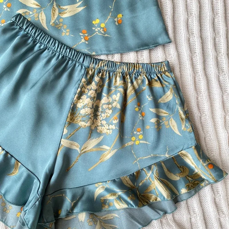 Elegant Floral Print Cami Tops Ruffle Hem Shorts Pajama SetWomen's Sleepwear Loungewear