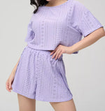2025 New Womens Hollow Out Eyelet Two Piece Shorts Set Short Sleeve Crop Top Side Slit Shorts Summer Casual Loungewear Tracksuit