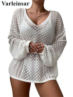 S - XL New V Neck Long Sleeve Crochet Knitted Tunic Beach Cover Up Cover-ups Beach Dress Beach Wear Beachwear Female Women V8284