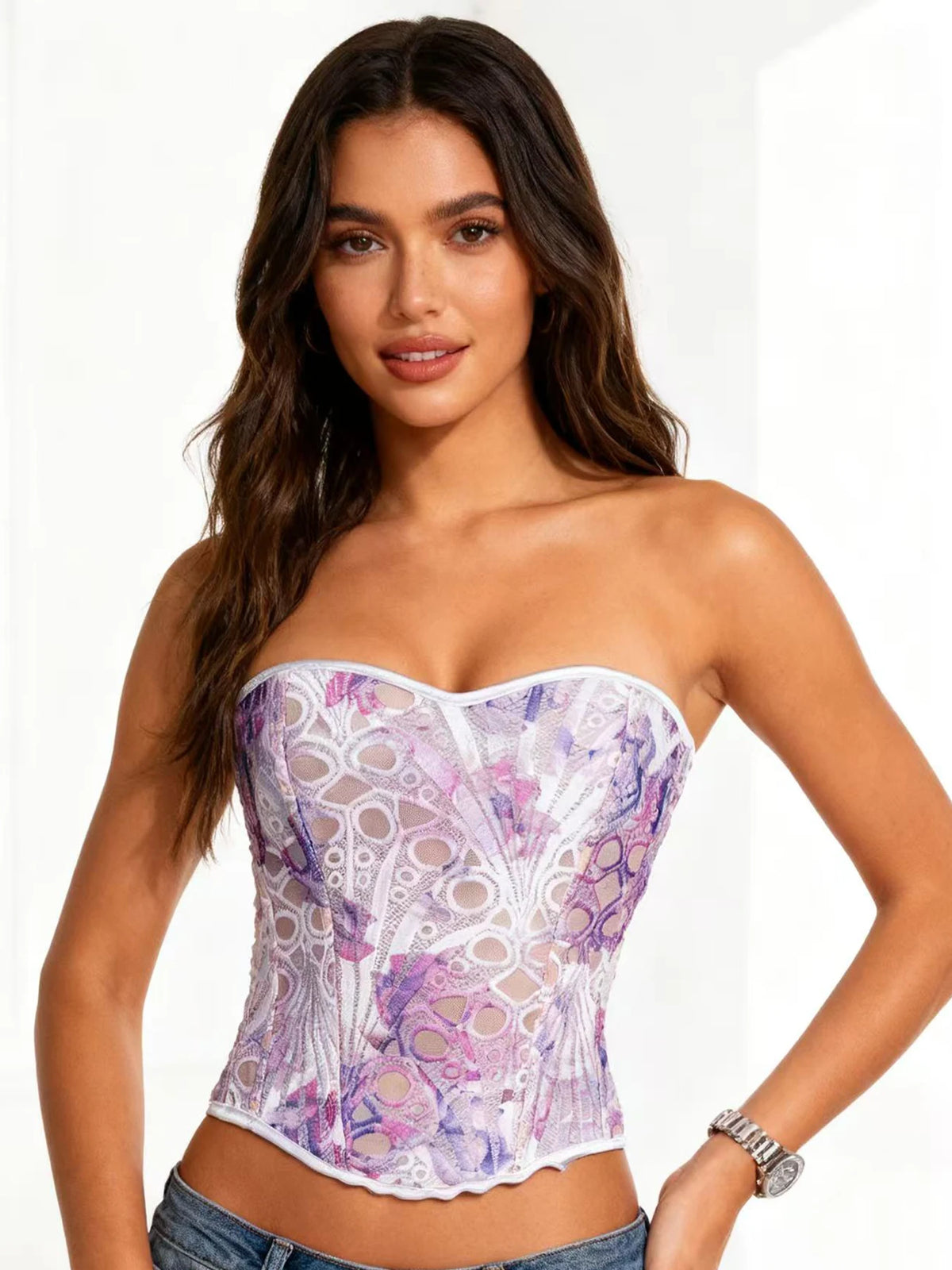Women’s Tie-Dye Lace Boned Bustier, Sexy Strapless Corset Top, Hollow-out Breathable Slimming Shapewear
