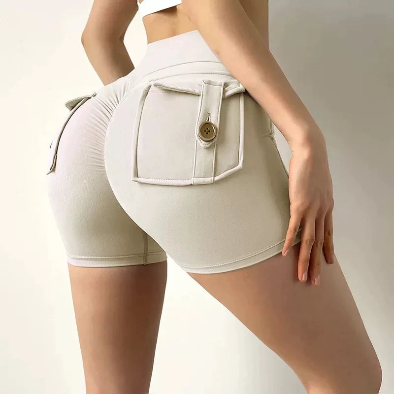 Nude High-Waisted Women's Yoga Fitness Shorts with Pockets Peach Hip Sports Fitness Running Training Gym Active Leggings