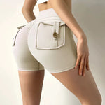 Nude High-Waisted Women's Yoga Fitness Shorts with Pockets Peach Hip Sports Fitness Running Training Gym Active Leggings