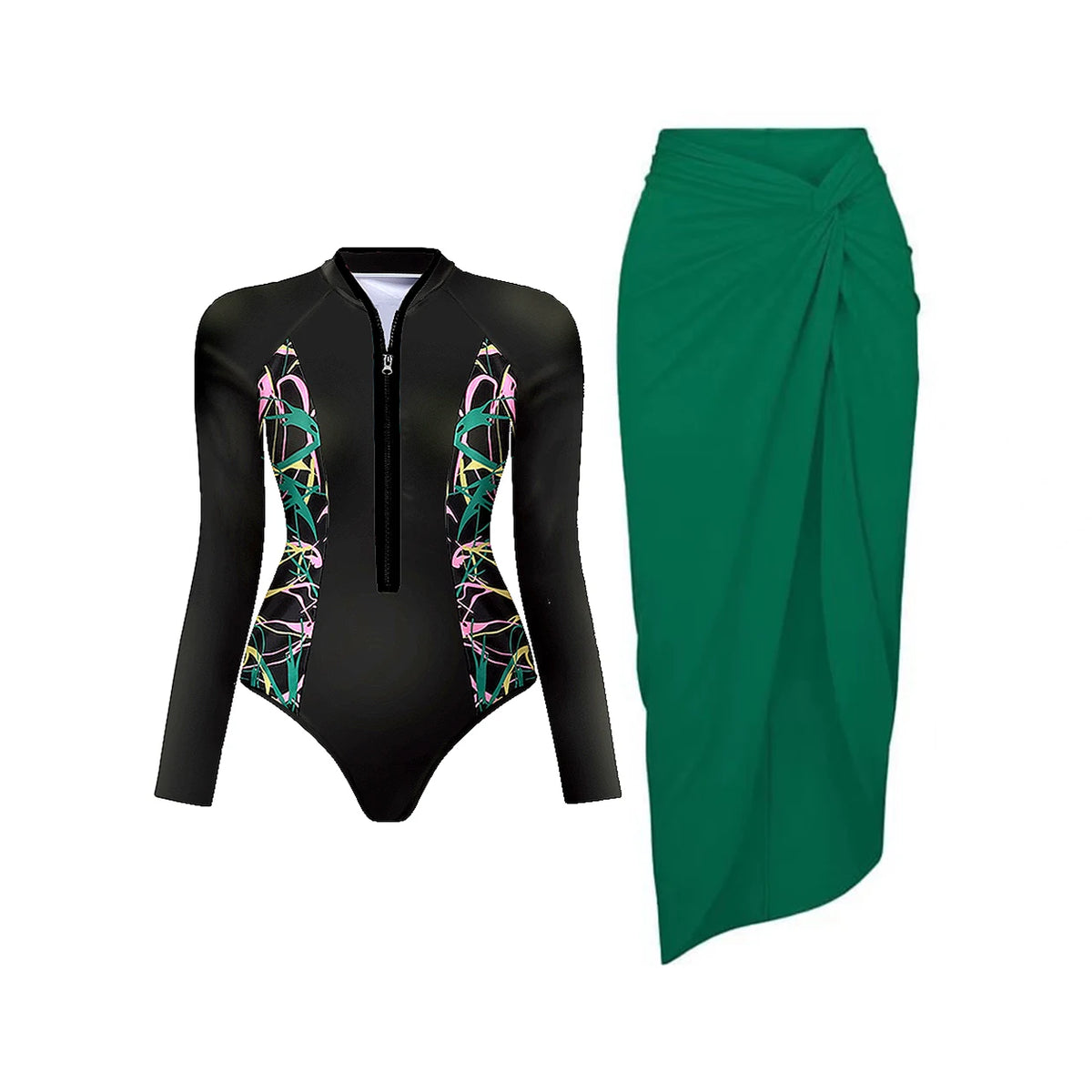 Black And Printed Long Sleeve Swimsuit With Cover Up Sexy Swimwear Women Surf Swim Suit Slimming Bathingsuit Bodysuit Beachwear