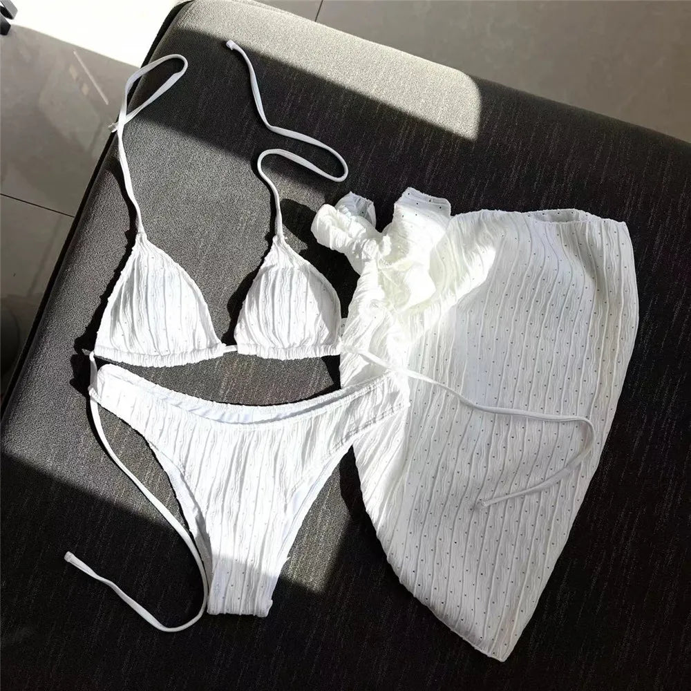 Three Piece Bikinis Sets 2026 String Halter Swimwear with Cover Up Sexy Swimsuit Women Beachwear Bathing Suit Black Mini Bikini