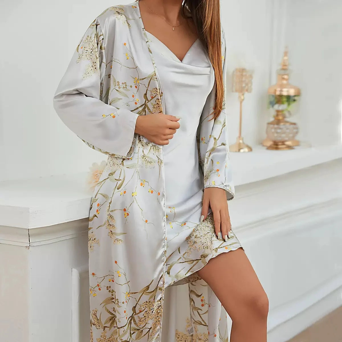 Women Floral Satin Pajama Set 2 Pieces Spaghetti Strap Slip Dress Long Robe Silky Sleepwear Loungewear Nightgown