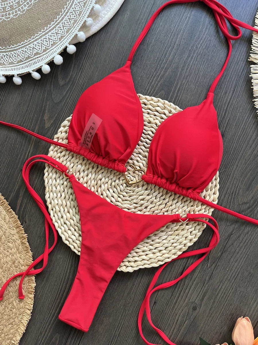 Metal Heart-shaped Halter Mini Micro Thong Bikini Female Swimsuit Women Swimwear Two-pieces Bikini Set Bather Bathing Suit Swim