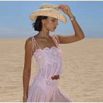 Women Pant Set Sheer Layers Spaghetti Strap Backless Lace Top Straps Solid Loose Straight Elastic Hem Fashion Beach Chic Suits