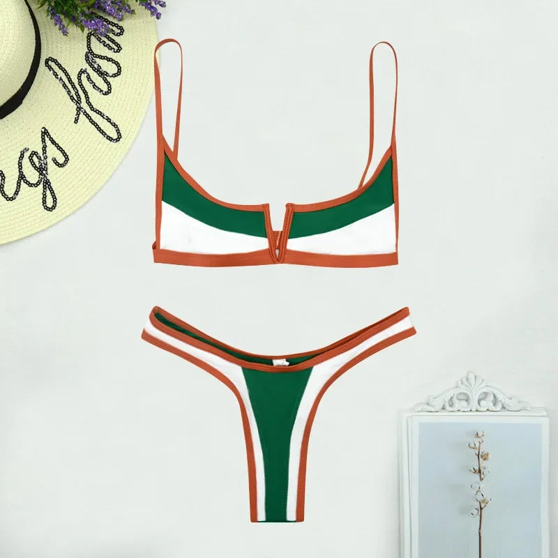 Splicing V Shaped Micro Thong Bikini Women Swimsuit Female Swimwear Two Pieces Bikini Set Push Up Bathing Suit Swim Beachwear