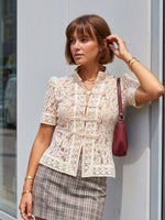 Summer Women's Retro Shirts Sheer Lace Blouse Elegant Stylish Button Down Short Sleeve Tops Casual Sexy