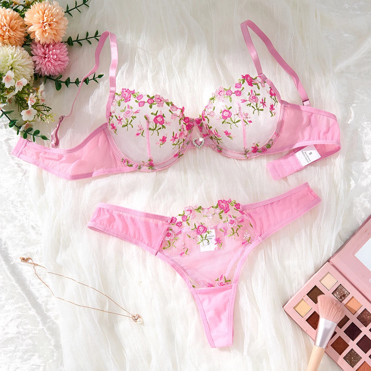 Women's Pink Floral Embroidery Lingerie Set Half Cup Push Up Bra And Thong Sheer Mesh Lace Comfortable Sexy Underwear ZA824026