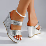 Chunky Wedges Gold Sandals Women Plus Size 42 High Heel Platform Slippers Woman Snake Pattern Pu Leather Summer Sandles Female