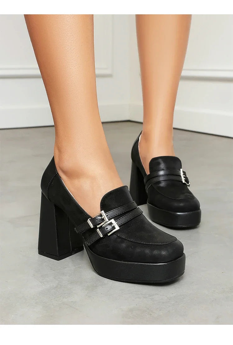 Square Toe Platform Double-Layer Buckle Shallow Sleeve Office Pumps Ultra-High Thick Heel Breathable High Heels