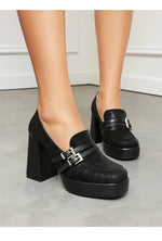 Square Toe Platform Double-Layer Buckle Shallow Sleeve Office Pumps Ultra-High Thick Heel Breathable High Heels