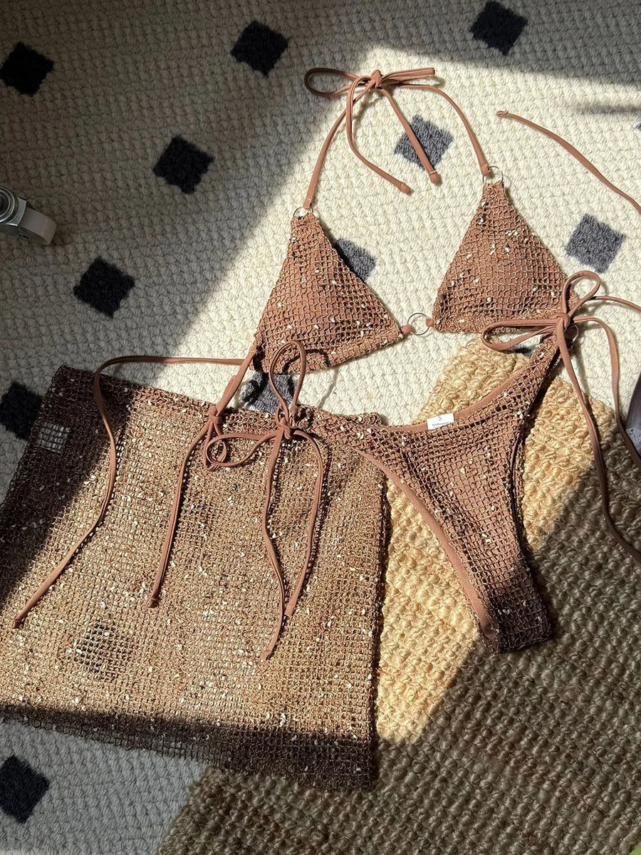 With Fishnet Sarong Skirt Halter Micro Bikini Women Swimwear Female Swimsuit Three-pieces Bikini Set Bathing Suit Swim Beachwear
