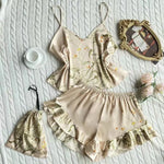 Elegant Floral Print Cami Tops Ruffle Hem Shorts Pajama SetWomen's Sleepwear Loungewear