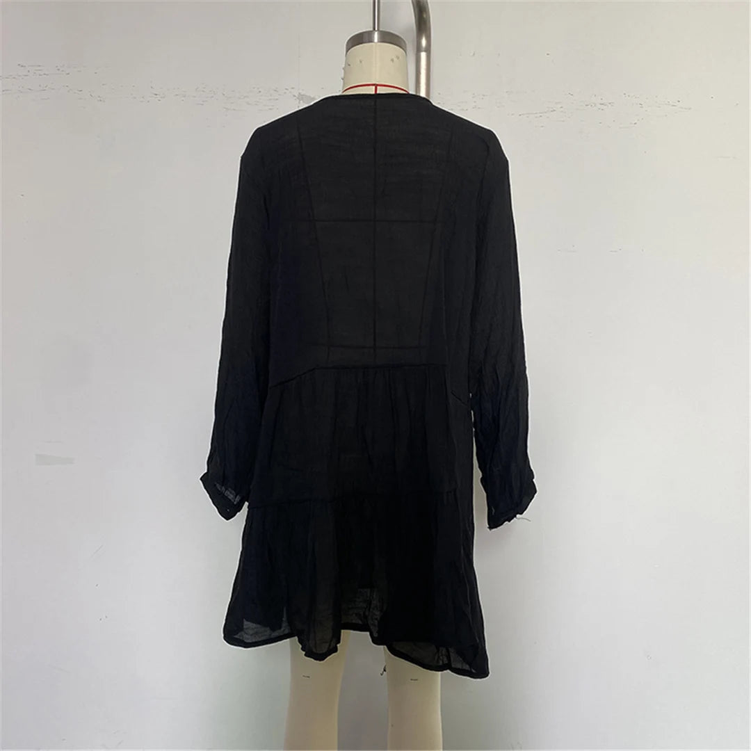 2025 Long Sleeve Hollow Out Crochet Knitted Tunic Beach Cover Up Cover-ups Beach Dress Beach Wear Beachwear Female Women K6674