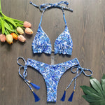 Sexy Flowers Printed Halter Brazilian Bikini Female Swimsuit Women Swimwear Two-Pieces Bikini Set Bather Bathing Suit Swim V6070