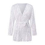 Women Summer Fall Sequin Shorts Jumpsuit Trendy Sparkly V Neck Long Sleeve Romper with Belt for Party Club