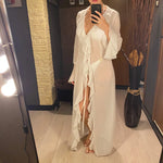New Sexy V Neck Ruffled Long Sleeve Chiffon Tunic Beach Cover Up Cover-ups Beach Dress Beach Wear Beachwear Female Women V5976