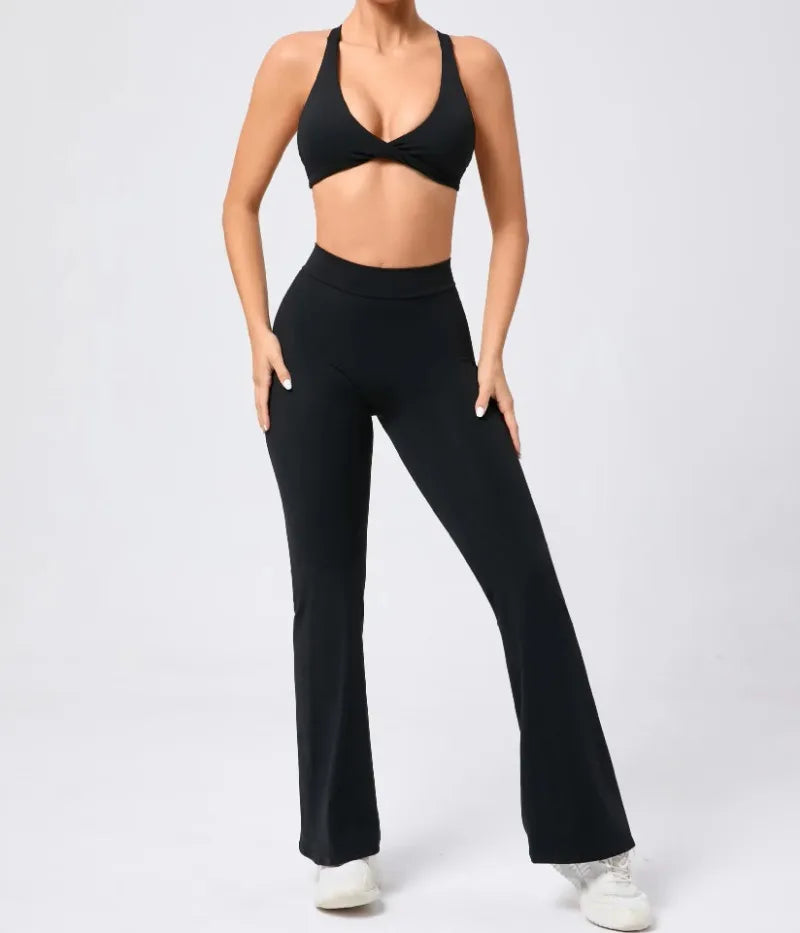 Women's Seamless Yoga Sets Brushed Fabric Flared Hip-Lifting Pants Cross Beauty Back Bra Suits Gym Workout Fitness Training Sets