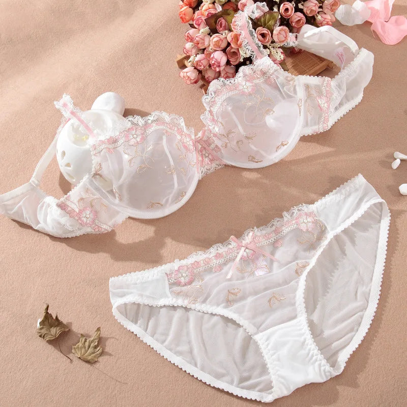 MOYISU Pure Sexy French Ultra-thin Underwire Large Size Bra Set Fat Mm Big Chest Small D Cup Bra Thin Lace Underwear Women