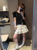 Sweet Korean Style Lace Loose Short Skirt White Tiered Ruffled Mini Skirt Elastic Waist Cute Casual Summer Skirt For Women EHAB