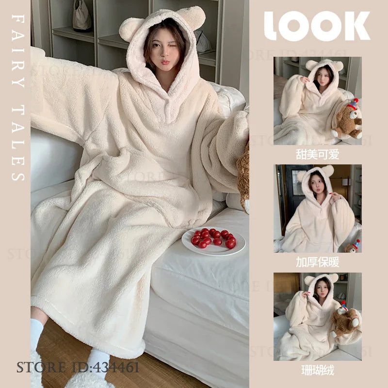 Thicken Flannel Cartoon Female Long Robe Hooded Nightgown Autumn Winter Sleepwear Home Clothes Loose Coral Fleece Warm Nightwear