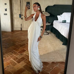 FDYOUI 2026 Summer Backless Ruched White Long Maxi Dress for Woman Elegant Sexy Halter Sleeveless Loose Evening Party Dresses