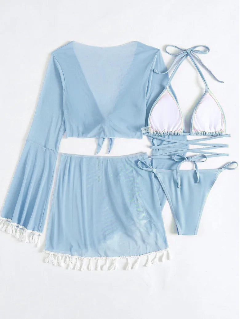 Sexy 4pcs Boho Tassels Trim Bikinis Sets Ladies Padded Bikini Set +cover Up Tops Skirts Beachwear Bathing Suit Biquini Monokini