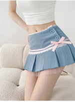 Striped Contrasting Color Bow Lace Splicing Pleated Skirt Women 2026 Summer American Style Low WaistA-line Short Skirt UBFK