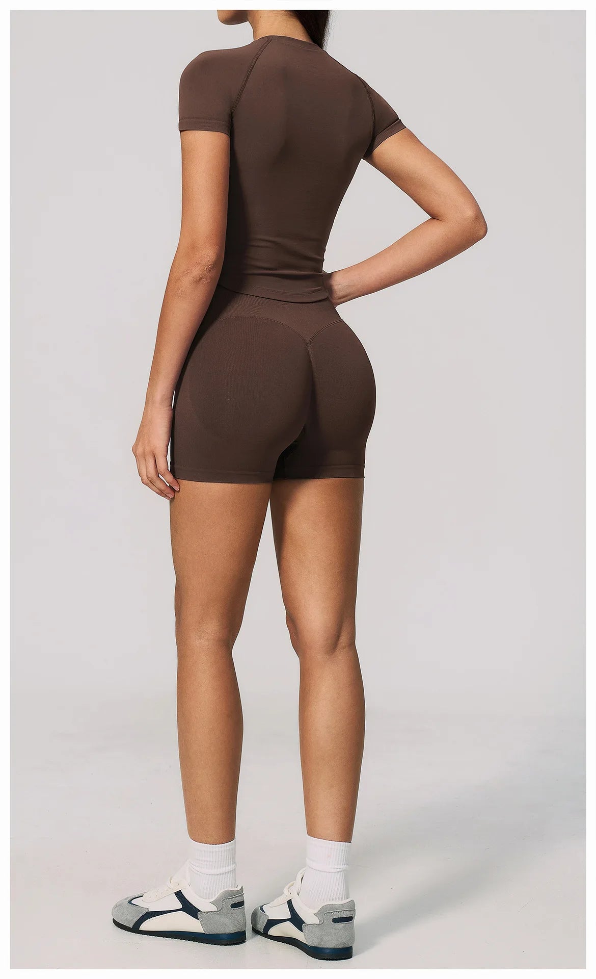 Seamless Yoga Sets Women Short Sleeve O Neck Slim Sports T Shirts Gym Outfits Abdominal Compression Shorts Running Fitness Suit