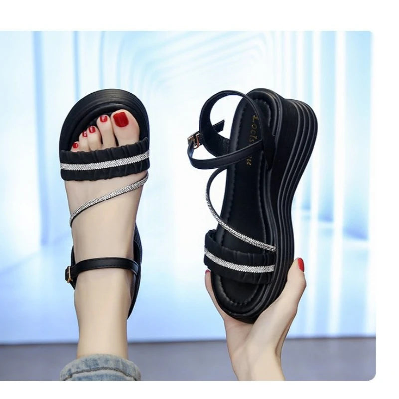 2026 Buckle Strap Chunky Sandals Women Summer High Platform Wedges Slippers Woman Bling Decoration Thick Bottom Slides Pumps