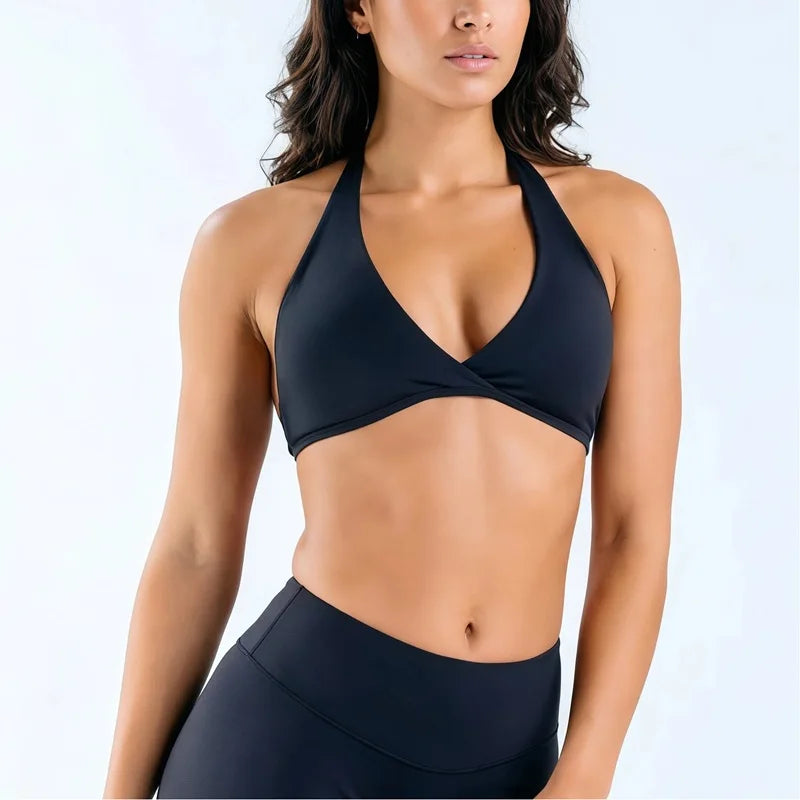 HISTELLO Origin Halter Bra Women Gym Underwear Removable Pads Sports Bra Backless Fitness Top Sexy Pilates Yoga Workout Clothing