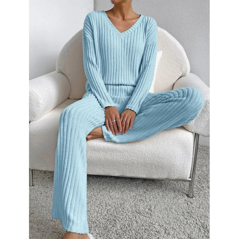 New autumn and winter women's sleepwear fashionable home wear casual straight leg pants loose V-neck knitted sweater best-seller