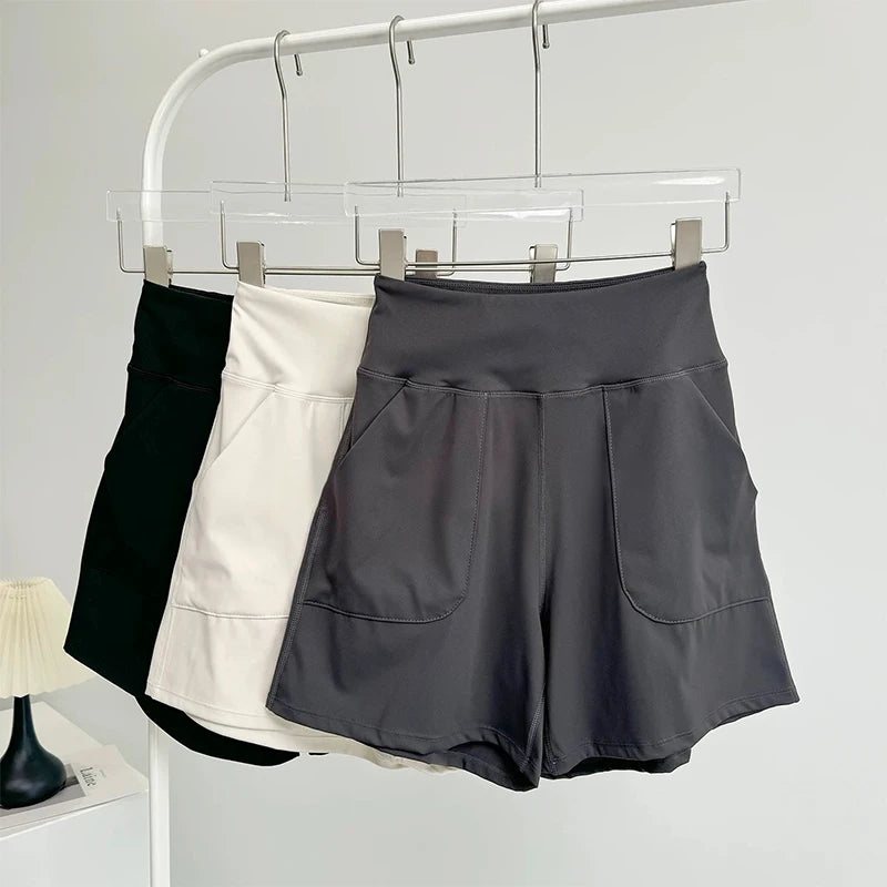 Women's High-Waisted Yoga Shorts with Pockets Quick-Drying Breathable for Summer Outdoor Training Running Pilates Fitness