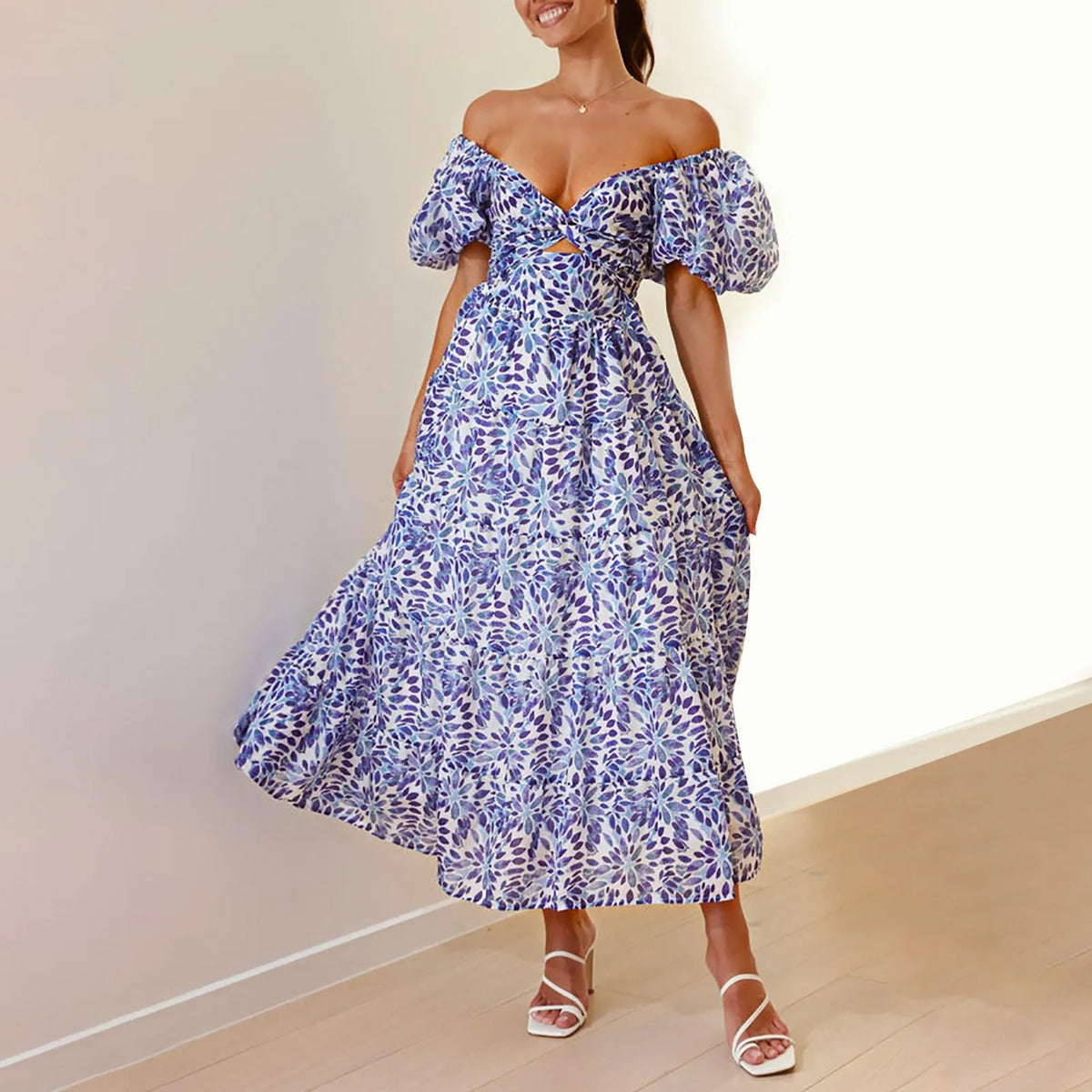 Sexy Dresses For Women Summer Trendy Boho Floral Printed Short Sleeve Vestido Seductive Off Shoulder Knee Length Dress For Woman
