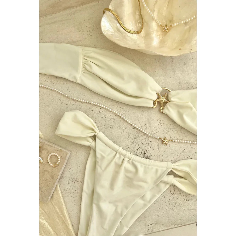 Sexy Bikinis 2024 Swimsuit For Women Starfish Swimwear Brazilian Bikini Set Biquini Female Swimming Suit Bandeau Solid Beachwear