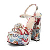 Ethnic Bohemia Sandals Women 2026 Summer Shoes Flower Print Ankle Strap Platform Block High Heels Crystal Pearl Studded