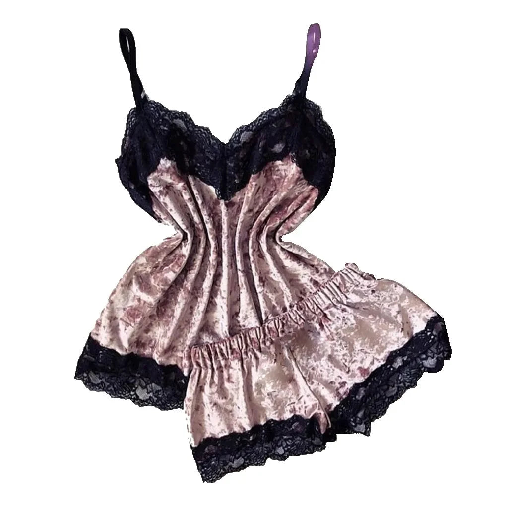 Summer Velvet Pyjamas Set for Women Sleepwear Sleeveless Straps Nightwear Lace Trim Cami Top and Shorts Sets Sexy Lingerie