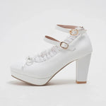 Women's Sweet Cute Lace Bow Lolita Platform High Heels, White Pumps Wedding Party Dress Shoes, Big Sizes 33-48