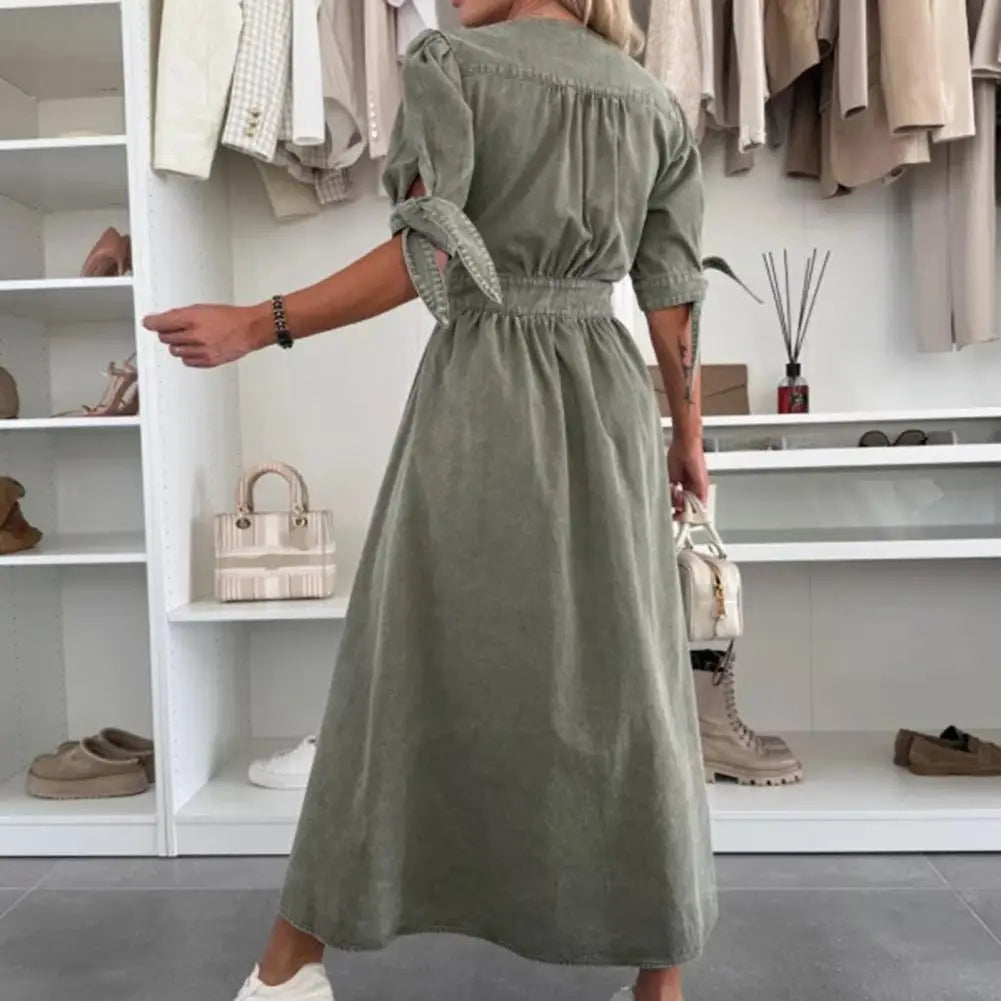 Women's Denim Long Dress Short Sleeve V-Neck Button Down Maxi Dress Casual Jean Dress for Spring Summer