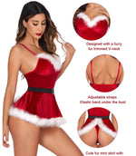 Women's Sexy Nightgown Santa Claus Cosplay Costume Floral Lace Belted Furry Sleep Dress With Thong Lingerie.