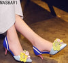 New 2027 Fashion Womens Floral Pointed Toe Flowers Stilettos Lady Mid Heel Shoes Mixed Colors Sandals Pumps Wedding Bridal Heels