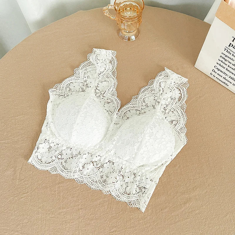 Lace Bras Top Women Sexy Deep V Neck Lingerie Wire Free Tank Tops Female Underwear V Back Bralette Tops Padded Camisole