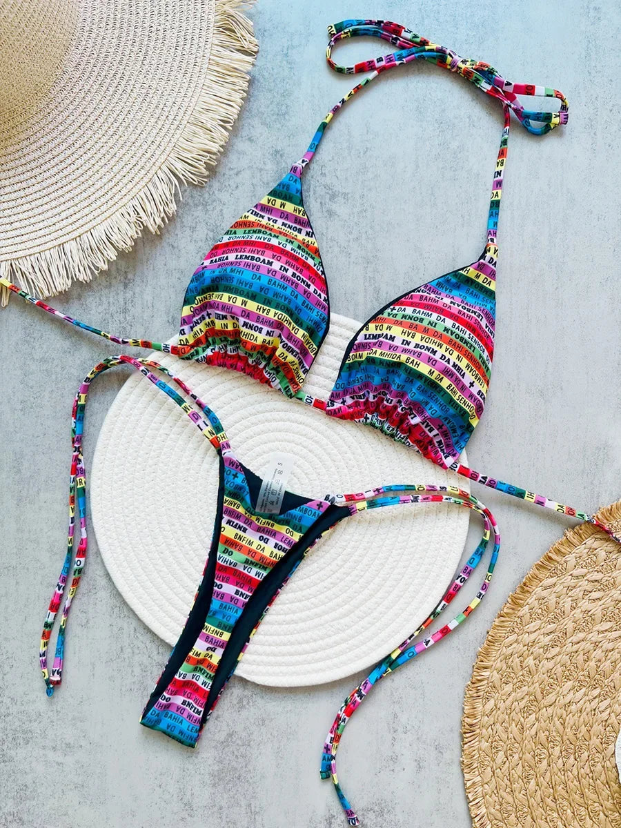 Letters Print Colorful Micro Mini Thong Bikini 2026 Women Swimwear Female Swimsuit Two-pieces Bikini Set Bathing Suit Swim Lady