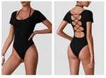 Summer Women's Cross Hollow Back Yoga Jumpsuit Short Sleeved Slimming Sports Overalls High Stretch Push Up Fitness Bodysuit