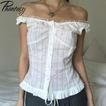 Phantasy Y2K Women Tops White Lace T-Shirt Button Tees Vintage French Style Tops 2025 Spring Summer Tops Female Streetwear