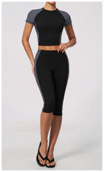 Color Blocking 2PCS Yoga Set Women's Tracksuit Short Sleeve O Neck Sports T Shirts High Waist Cropped Pants Tight Fitness Suits