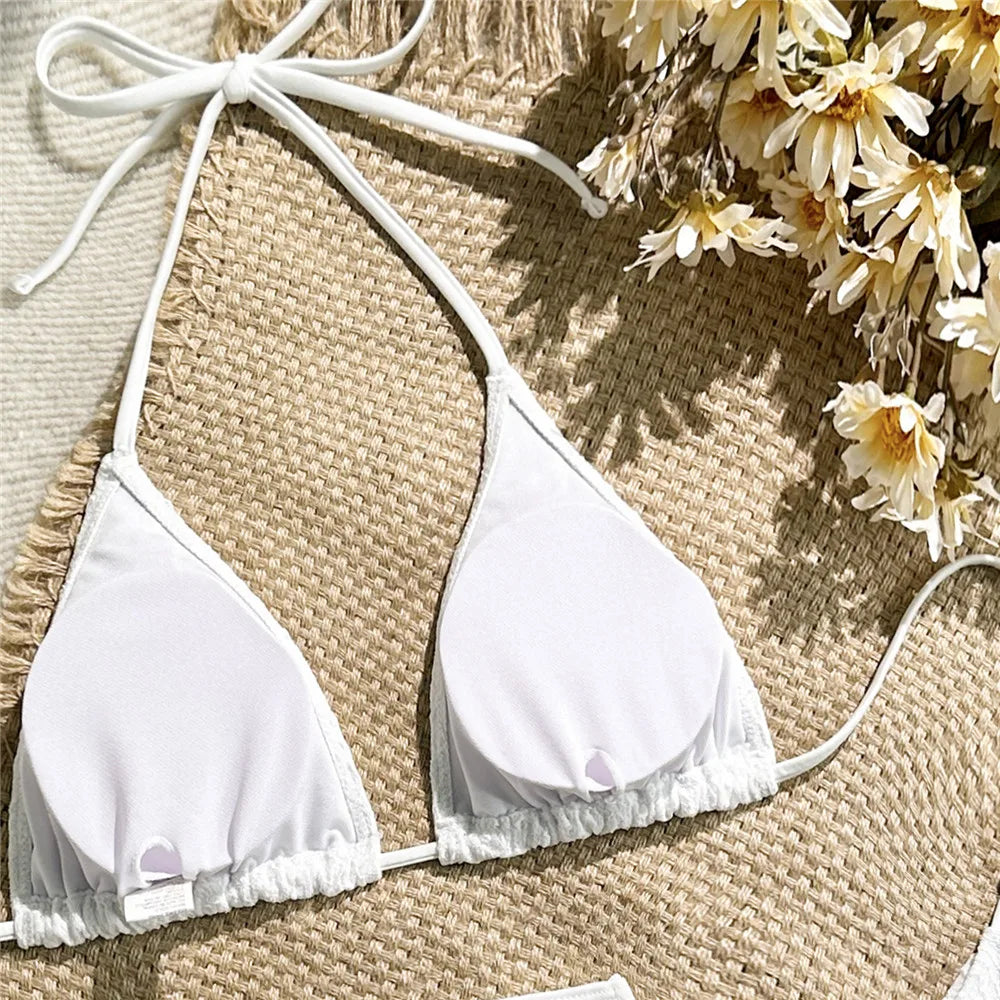 Beige Mesh Cover Ups Swimwear Halter String Triangle Bikinis Sets 3 Pieces Micro Thong Sexy Swimsuit Women 2026 Bathing Suit